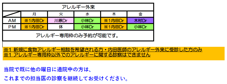 アレルギー外来担当表